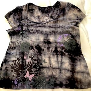 PlusSize 20 Grey Tie-Dye TShirt Embellished Butterflies Silver Stitching Sequins